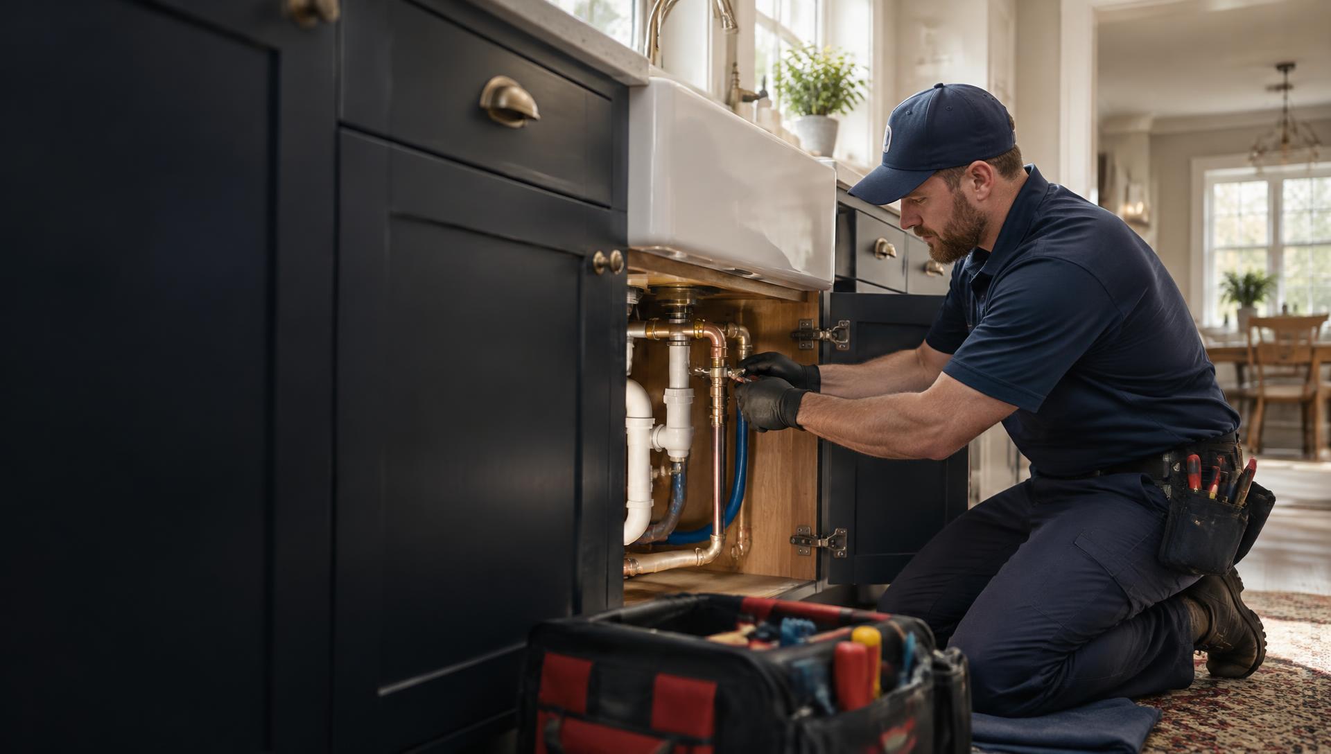Professional plumber repairing pipes beneath a residential sink